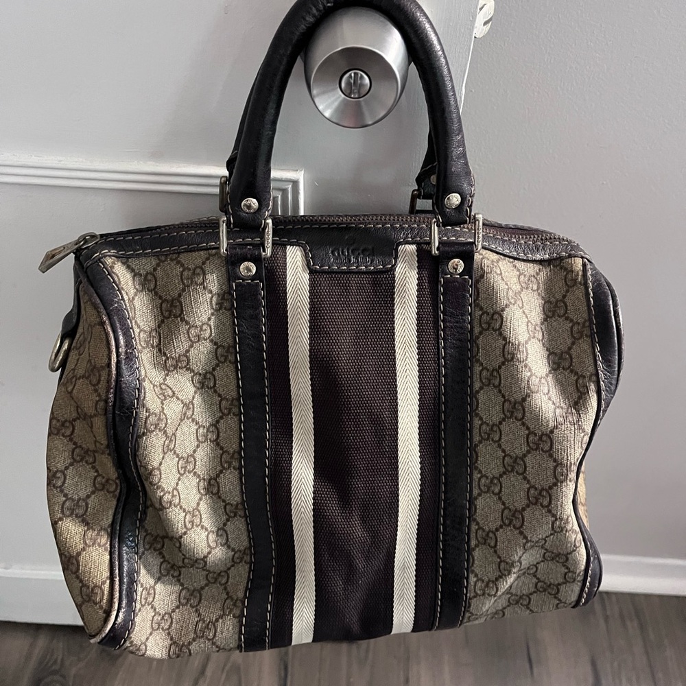 Gucci Beige Brown Monogram Satchel with Dark Brown Stripe